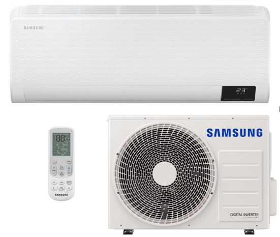 Klimatizácia Samsung v bielej farbe s diaľkovým ovládačom.