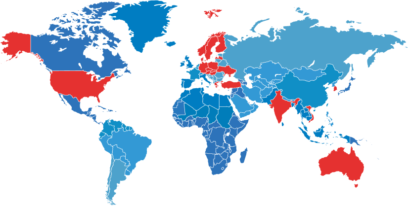 Mapa svetového pokrytia hasiaceho systému SAPFIR